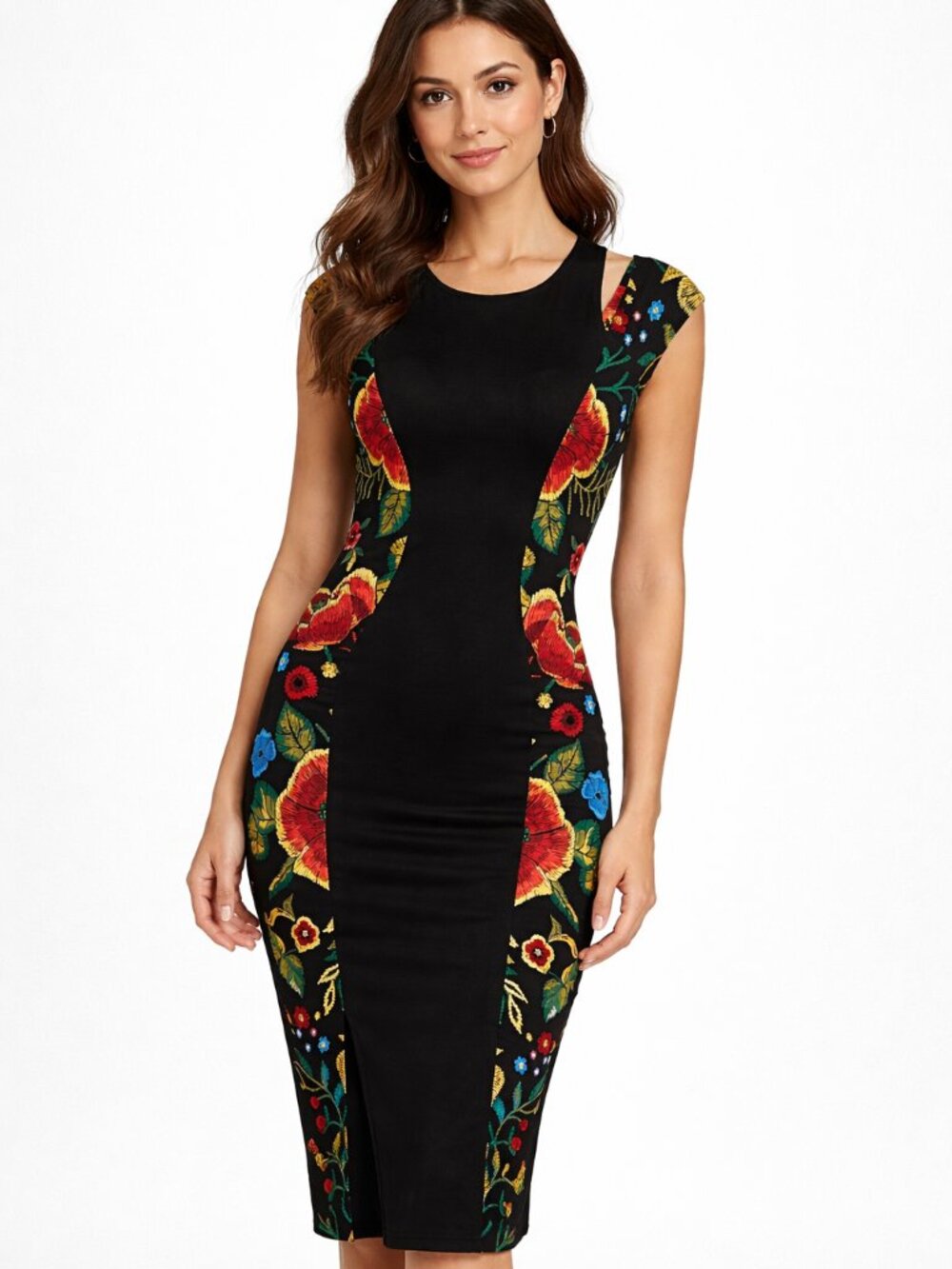 Eva Varro Womens XS Black Floral Midi Dress Stretch Bodycon Artsy EUC